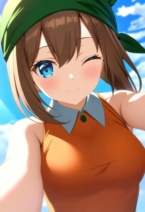 1girl,may,bandana,bare_arms,bare_shoulders,blue_eyes,blue_sky,breasts,brown_hair,close-up,cloud,collared_dress,dress,fake_phone_screenshot,fake_screenshot,gloves,green_bandana,light_blush,looking_at_viewer,medium_breasts,one_eye_closed,orange_dress,out_of_frame,selfie,sky,sleeveless,smile,solo,upper_body,v,<lora:pokemon_character_pack_xl:1>,masterpiece,raytracing,highly detailed,absurdres,anime style,<lora:Anime Enhancer XL V2:1>,enhancer,