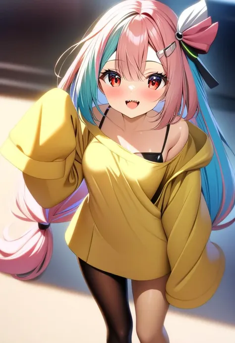 1girl,iono,(woman),blurry,medium breasts,bow-shaped_hair,depth_of_field,pink hair,cyan hair,hair_ornament,hand_up,jacket,long_hair,red eyes,looking_at_viewer,low-tied_long_hair,multicolored_hair,open_mouth,(oversized_clothes:1.3),sharp_teeth,single_leg_pantyhose,sleeves_past_fingers,sleeves_past_wrists,smile,<lora:Anime Enhancer XL V2:1.1>,enhancer,split-color_hair,teeth,(two-tone_hair),very_long_sleeves,yellow_jacket,<lora:pokemon_character_pack_xl:1>,masterpiece,raytracing,highly detailed,absurdres,