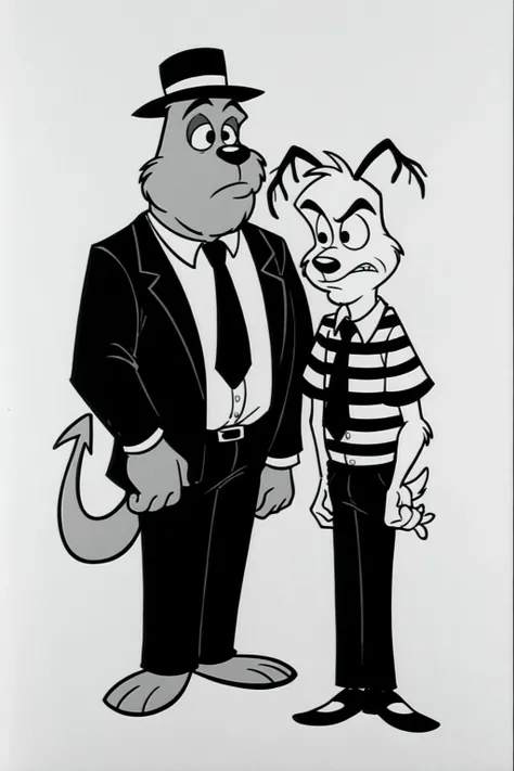 PonyXLV6_Scores , bugjuice style, 2boys, necktie, multiple boys, parody, male focus, monochrome, striped, formal, furry, suit, striped shirt, furry male, shirt, <lora:BugJuicePDXL:0.8>