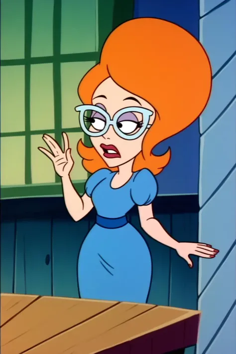 PonyXLV6_Scores , bugjuice style, blue dress, orange hair, 1girl, glasses, <lora:BugJuicePDXL:0.8>