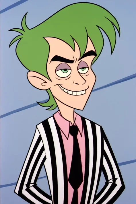 PonyXLV6_Scores , bugjuice style, Beetlejuice, Beetlejuice, Beetlejuice, Alex Brightman, 1boy, solo, male focus, green eyes, short hair, green hair, smirk, white suit, prison clothes, striped suit, formal, pink shirt, tie, collard shirt, <lora:BugJuicePDXL:0.8>