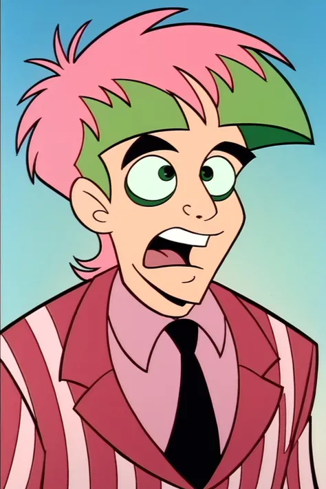PonyXLV6_Scores , bugjuice style, Beetlejuice, Beetlejuice, Beetlejuice, Alex Brightman, 1boy, solo, male focus, green eyes, green hair, short hair, two tone hair, pink hair , open mouth, upper teeth only, striped suit, formal, pink shirt, tie, collard shirt, <lora:BugJuicePDXL:1>