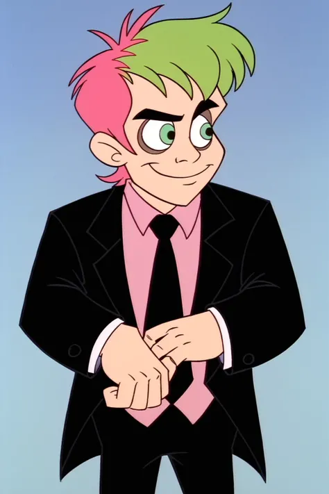 PonyXLV6_Scores , bugjuice style, Beetlejuice, Beetlejuice, Beetlejuice, Alex Brightman, 1boy, solo, male focus, green eyes, short hair, two tone hair, green hair, dyed bangs, pink hair , smirk, white suit, two tone suit, black suit, striped suit, formal, pink shirt, tie, collard shirt, <lora:BugJuicePDXL:0.8>