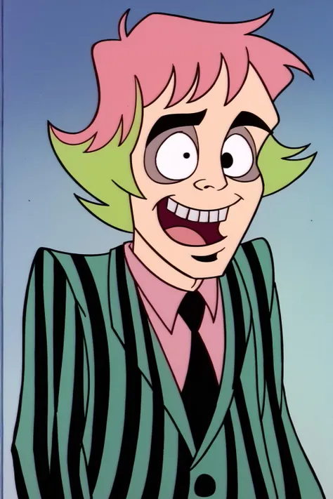 PonyXLV6_Scores , bugjuice style, Beetlejuice, Alex Brightman, 1boy, black eyes, green hair, male focus, no humans, open mouth, solo, upper teeth only, striped suit, formal, pink shirt, tie, collard shirt, short hair, two tone hair, pink hair , <lora:BugJuicePDXL:1>
