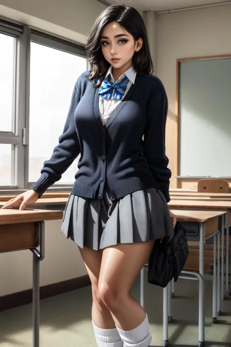 (masterpiece, best quality, ultra detailed, absurdres:1.5), 1girl, 1boy, (sexy, beautiful woman, perfect face, perfect eyes, perfect female body, medium breasts:1.5), ((cardigan, bowtie:1.3), school uniform, pleated skirt, black footwear, white socks, loafers, grey skirt, loose socks, <lora:school_uniform2:0.6>), (standing, indoors, Japanese classroom), perfect lighting, smooth, hdr