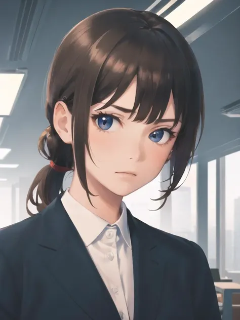 (best quality, masterpiece, illustration:1.1), 1girl, light brown hair, black eyes, upset, looking at viewer, business suit, short hair, ponytail, office, indoor, solo, <lora:NoiseformV1:0.9>