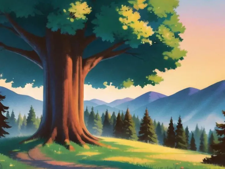 (best quality, masterpiece, illustration:1.1), forest, sunrise, giant tree, <lora:NoiseFormBeta:0.9>,