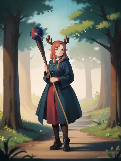 (best quality, masterpiece, illustration:1.1), woman in a forest holding a staff, kingdom of elves, young woman with antlers, on forest path, <lora:NoiseFormBeta:0.9>,