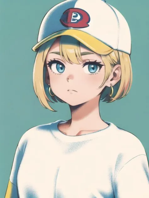 (best quality, masterpiece, illustration:1.1),  1girl, aqua eyes, baseball cap, blonde hair, closed mouth, earrings, green background, hat, hoop earrings, jewelry, looking at viewer, shirt, short hair, simple background, solo, upper body, yellow shirt, <lora:NoiseformV1:1>