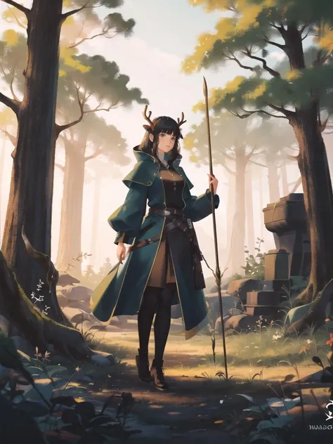(best quality, masterpiece, illustration:1.1), woman in a forest holding a staff, kingdom of elves, young woman with antlers, on forest path, <lora:NoiseformV1:0.9>