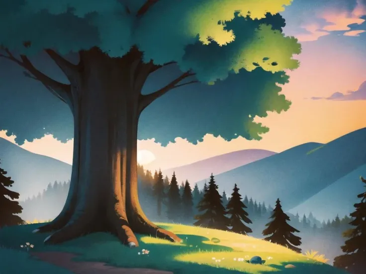 (best quality, masterpiece, illustration:1.1), forest, sunrise, giant tree, (cowbody shot:1.2), <lora:NoiseformV1:0.9>