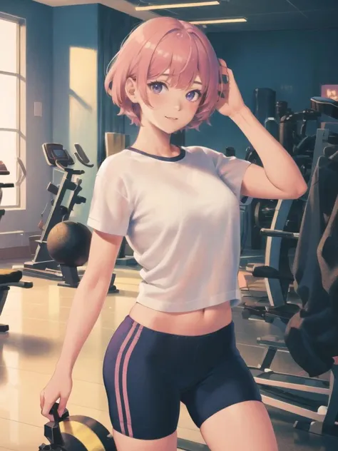 (best quality, masterpiece, illustration:1.1), 1girl, pink hair, short hair, purple eyes, gym clothes, gym, indoors, happy, solo, <lora:NoiseformV1:0.9>
