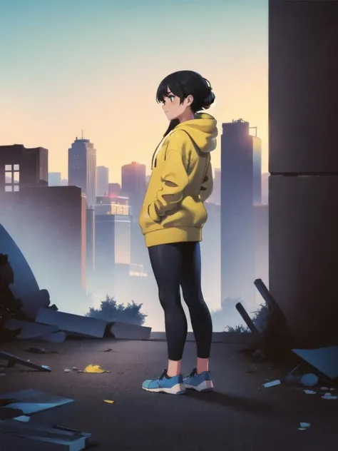 (best quality, masterpiece:1.1), 1girl, black hair, yellow hoodie, (ruins:1.2), abandoned city, outdoors,<lora:NoiseformV1:0.9>