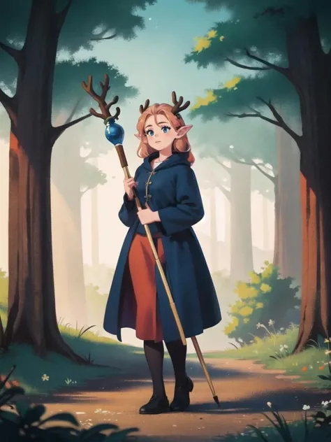 (best quality, masterpiece, illustration:1.1), woman in a forest holding a staff, kingdom of elves, young woman with antlers, on forest path, <lora:NoiseformV1:1>
