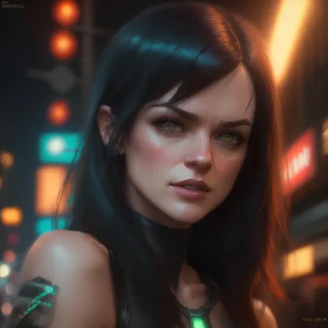beautiful s.sage as a cyberpunk detective, (highly detailed:1.2),(best quality:1.2),(8k:1.2),sharp focus,(subsurface scattering:1.1),award-winning photograph,professional portrait photography,(close shot:1.1) rainy futuristic city street at midnight,neon signs,long brown hair (very detailed background:1.2),(futuristic sci-fi:1.1), analog style, modelshoot style, dramatic lighting, by artgerm wlop annie leibovitz jeffrey simpson jock sturges greg rutkowski