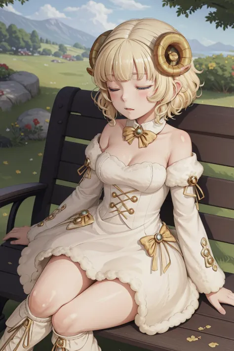 ultra detailed, sharp focus, best quality, masterpiece, colorful, 1 girl, blonde hair, blue eyes, horns, sheep ears, sitting on a bench, eyes closed, sleeping, <lora:Weresheep:1> Weresheep , best quality, masterpiece, intricate details