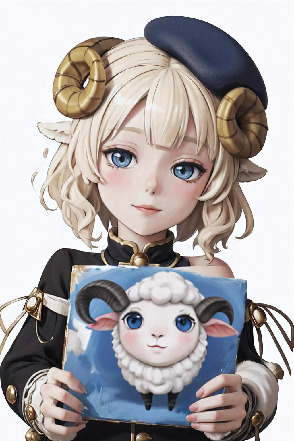 1 girl, Weresheep, blonde hair, blue eyes, horns, sheep ears, art-studio background, holding a painting, Beret, face covered in paint, <lora:Weresheep:1>