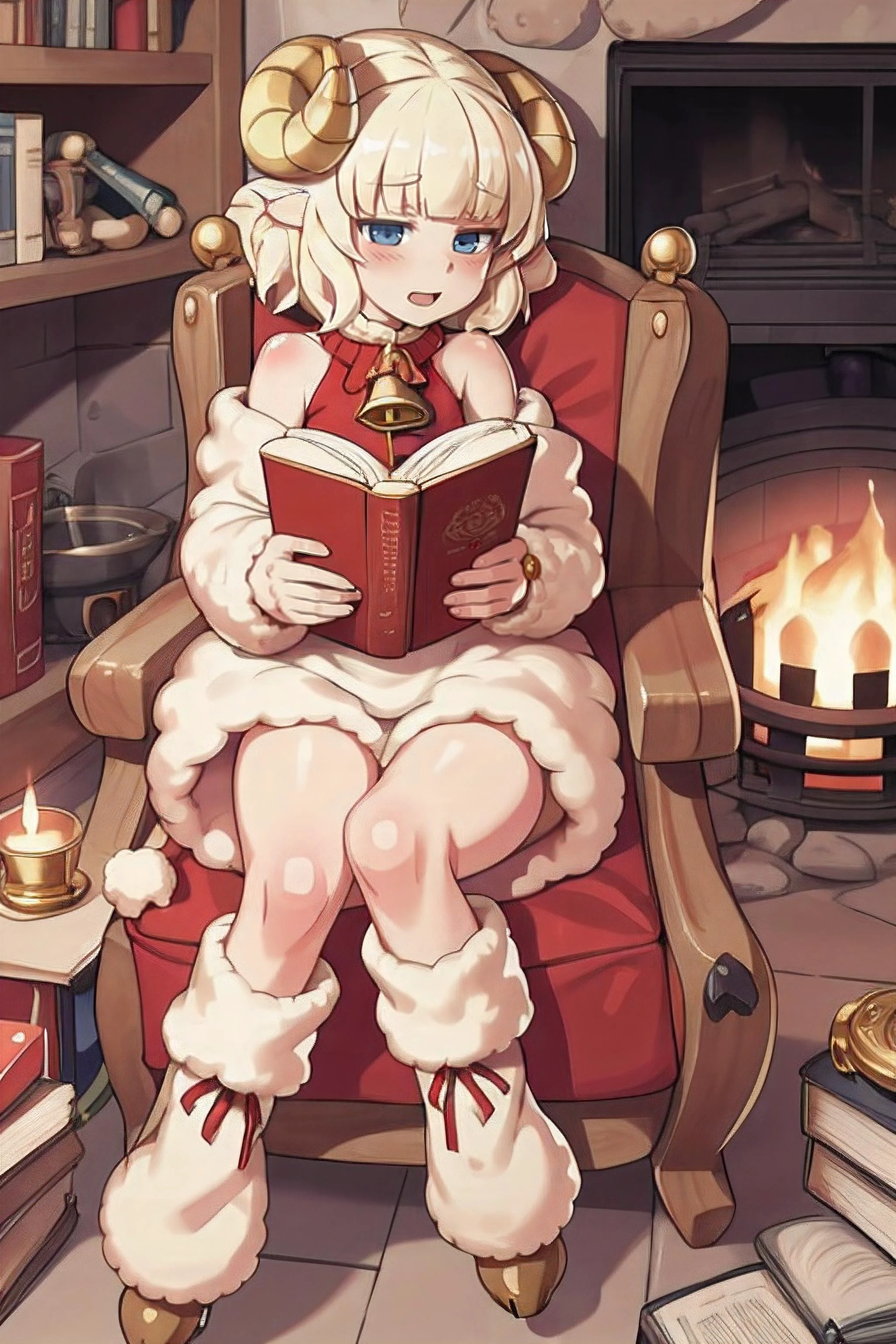 <lora:CHAR-Weresheep:1> Weresheep, blonde hair, blue eyes, horns, sheep ears, hooves, fur-trim, neck bell, red sweater, leg warmers, sitting, wooden chair, fireplace, reading book