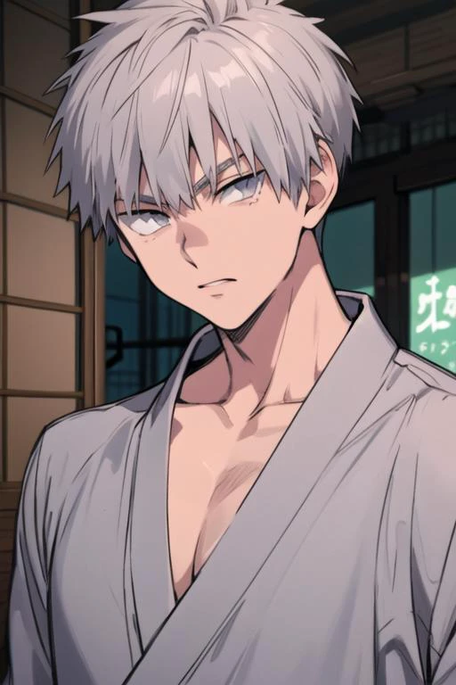 masterpiece, best quality, high quality, 1boy, solo, male focus, looking at viewer, upper body, <lora:shiki_tademaru:0.76>, shiki_tademaru, , grey hair, , yukata