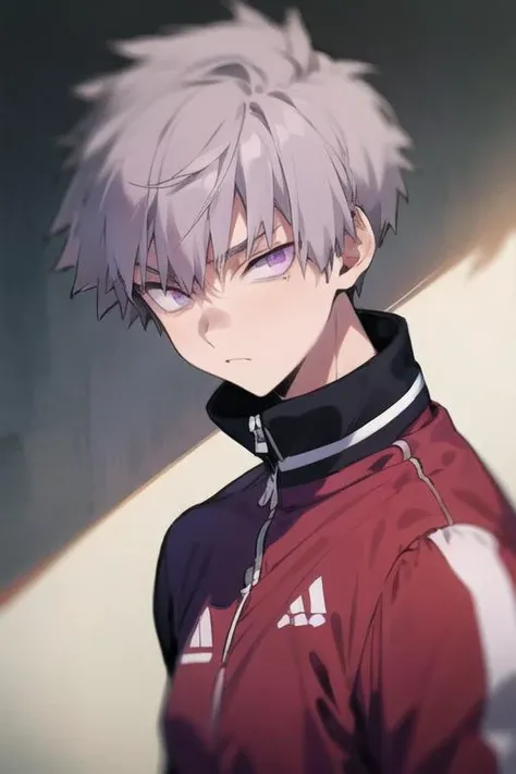 masterpiece, best quality, high quality, 1boy, solo, male focus, looking at viewer, upper body, <lora:shiki_tademaru:0.66>, shiki_tademaru, purple eyes, grey hair, , track suit