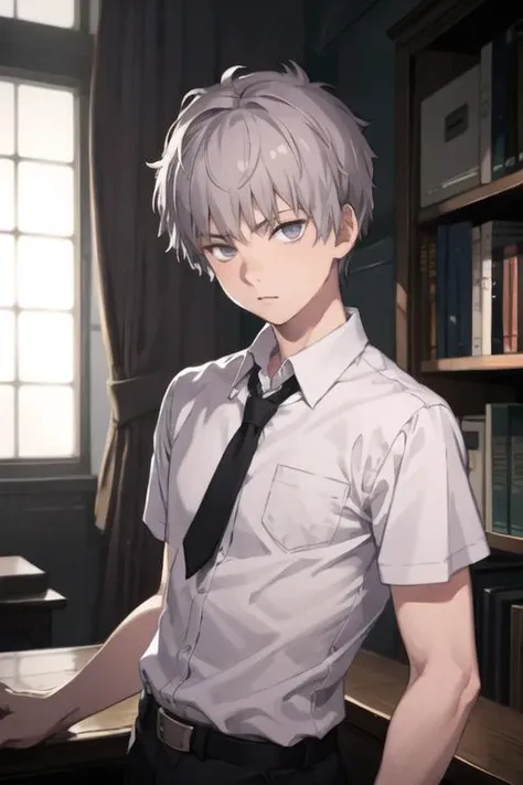 masterpiece, best quality, high quality, 1boy, solo, male focus, looking at viewer, upper body, <lora:shiki_tademaru:0.56>, shiki_tademaru, , grey hair, realistic, school uniform