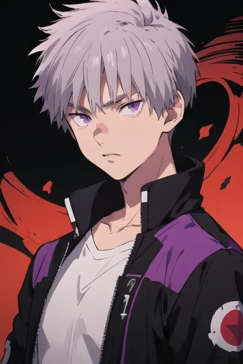 masterpiece, best quality, high quality, 1boy, solo, male focus, looking at viewer, upper body, <lora:shiki_tademaru:0.74>, shiki_tademaru, purple eyes, grey hair, , jacket