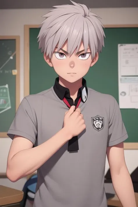 masterpiece, best quality, high quality, 1boy, solo, male focus, looking at viewer, upper body, <lora:shiki_tademaru:0.68>, shiki_tademaru, , grey hair, , school uniform