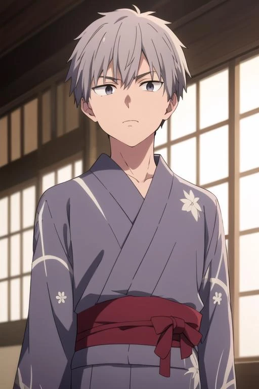 masterpiece, best quality, high quality, 1boy, solo, male focus, looking at viewer, upper body, <lora:shiki_tademaru:0.52>, shiki_tademaru, grey hair, , yukata