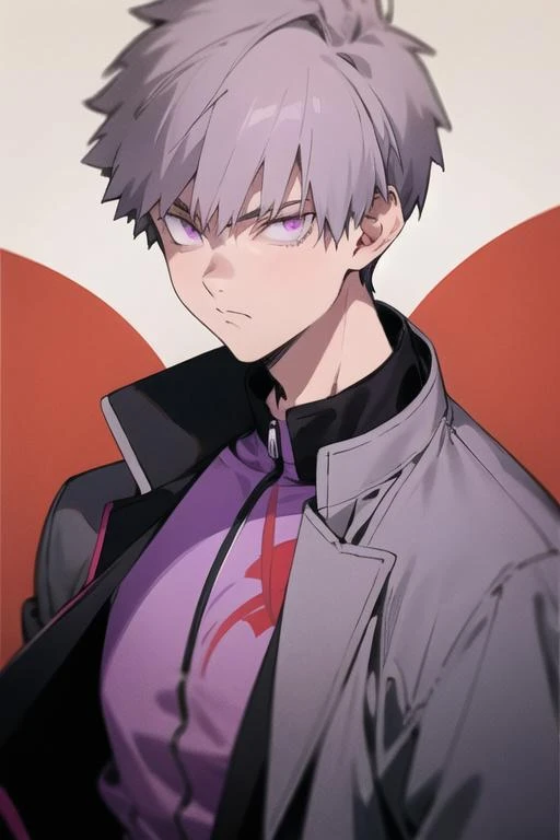 masterpiece, best quality, high quality, 1boy, solo, male focus, looking at viewer, upper body, <lora:shiki_tademaru:0.78>, shiki_tademaru, purple eyes, grey hair, realistic, coat