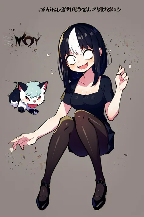 ((masterpiece)), (best quality), official art, extremely detailed CG, unity 8k wallpaper, ultra detailed,
1girl, Noss, black hair, multicolored hair, black dress, smile, open mouth, miniskirt, black pantyhose, black footwear,
Jovial, Leaning and pretending to pet an invisible kitten,
<lora:Noss-20:1.0>