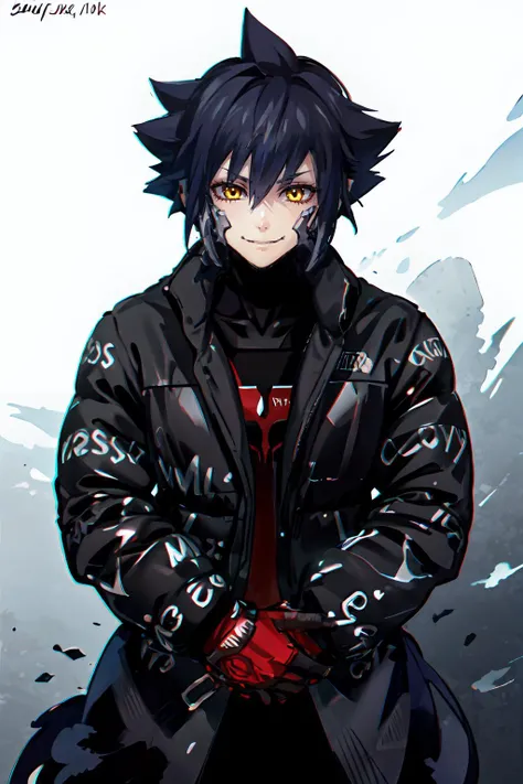 <lora:VanitasKH:0.8> VanitasKH, spiky hair, yellow eyes, evil smile, <lora:attire_dripmeme-10:0.75> dripjacket, own hands together,, ultra detailed, masterpiece, best quality, aesthetic, detailed,