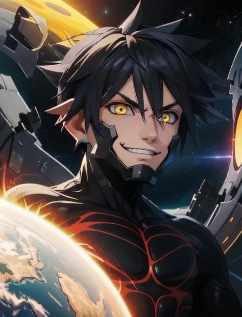 best quality, masterpiece, highres, detailed, digital illustration, <lora:Detail - add_detail:0.2>, VanitasKH, yellow eyes, black hair, spiky hair, evil smile, chin guard, bodysuit, <lora:Character - VanitasKH:0.8>, space, upper body, night, dark aura, ominous, 1boy,