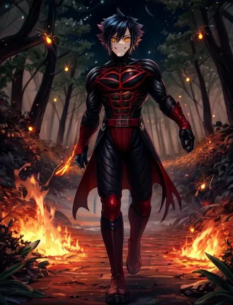 best quality, masterpiece, highres, detailed, digital illustration, <lora:Detail - add_detail:0.2>, VanitasKH, yellow eyes, black hair, spiky hair, evil smile, chin guard, bodysuit, <lora:Character - VanitasKH:0.8>, forest, full body, night, dark aura, ominous, fireflies, 1boy,