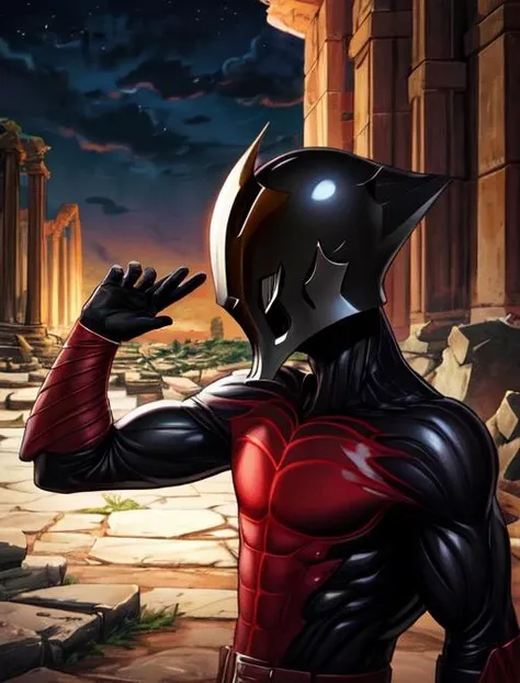 best quality, masterpiece, highres, detailed, digital illustration, <lora:Detail - add_detail:0.2>, VanitasKH, black helmet, chin guard, bodysuit, <lora:Character - VanitasKH:0.8>, ancient ruins, upper body, night, dark aura, ominous,