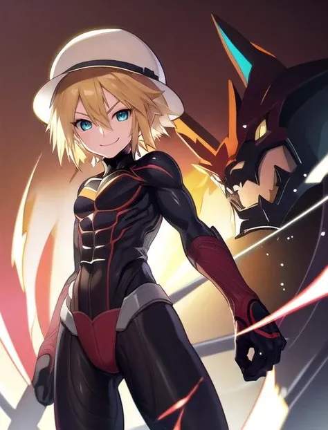 best quality, masterpiece, highres, detailed, digital illustration, <lora:Detail - add_detail:0.2>, VanitasKH, bodysuit, dark aura, evil smile, muscular, <lora:Character - VanitasKH:0.8>, TKDigi02, aqua eyes, blonde hair, short hair, hat, <lora:Character - TKDigi02:0.7>