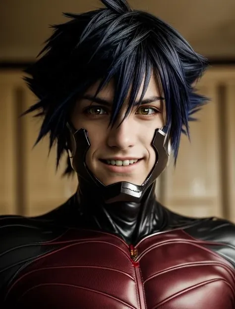 best quality, masterpiece, highres, detailed, realistic, cosplay, <lora:Detail - add_detail:0.2>, VanitasKH, yellow eyes, black hair, spiky hair, smile, chin guard, bodysuit, <lora:Character - VanitasKH:0.6>, convention hall, upper body, night, dark aura, ominous, 1boy,