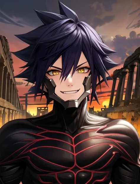 best quality, masterpiece, highres, detailed, digital illustration, <lora:Detail - add_detail:0.2>, VanitasKH, spiky hair, yellow eyes, evil smile, chin guard, bodysuit, <lora:Character - VanitasKH:0.8>, ancient ruins, 1boy, upper body,