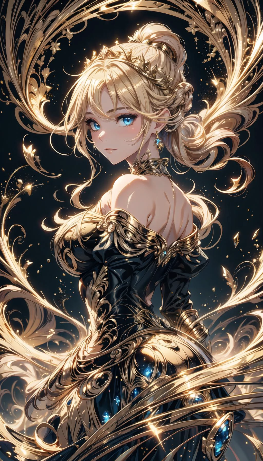 MarbleGoldWorld,
professional art of a dreaming woman, wonam stay and look to a far, wearing in a gold longdress,
long blond hair, gold tiara on head, blue eyes,
midasmagic, golden aura, midasmagic wind, thundermagic wind,
darkness on bg,
<lora:PAseer-SD15-LCM Quick:0.8>, <lora:Citadel Spices:0.2>, <lora:MidasMagic:0.2>, <lora:ThunderMagic:0.1>, <lora:MarbleGoldWorld:0.8>