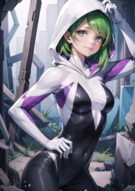 (1girl, green hair very short hair french braid, two-tone eyes, , sad smile) (digital) (, in detailed cave, (hooded bodysuit)) , best quality, <lora:boldline:0.2> <lora:hairdetailer:0.2> spidergwen, <lora:spidergwen:0.9>