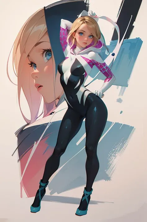masterpiece, best quality, Maria, Merge contrasting colors with strong brushstrokes, creating a collision of chaotic color forms and energetic interactions on the canvas , blue eyes, looking at viewer, blue eyes, blonde hair, hooded bodysuit, spidergwen <lora:spidergwen:.9> , <lora:Maria:1>