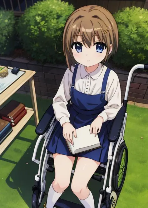 masterpiece, best quality, highres,1girl,  <lora:nanoha-movie-2nd-yagami-hayate:0.7>,yagami_hayate, short hair,12yo,solo,<lora:GoodHands-vanilla:0.8> <lora:anmnr01:0.3> <lora:add_detail:0.5> ,stylish pose,stylish angle,garden,on wheelchair,book on knee