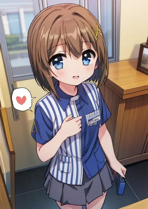 masterpiece, best quality, highres,1girl,  <lora:nanoha-movie-2nd-yagami-hayate:0.7>,yagami_hayate, short hair,12yo,<lyco:lawson uniform_Loha:0.7> .lawson uniform, shirt, name tag, short sleeves, striped shirt, striped, vertical-striped shirt, blue shirt, vertical stripes, alternate costume,solo,<lora:GoodHands-vanilla:0.8> <lora:anmnr01:0.3> <lora:add_detail:0.5> ,stylish pose,stylish angle,spoken heart