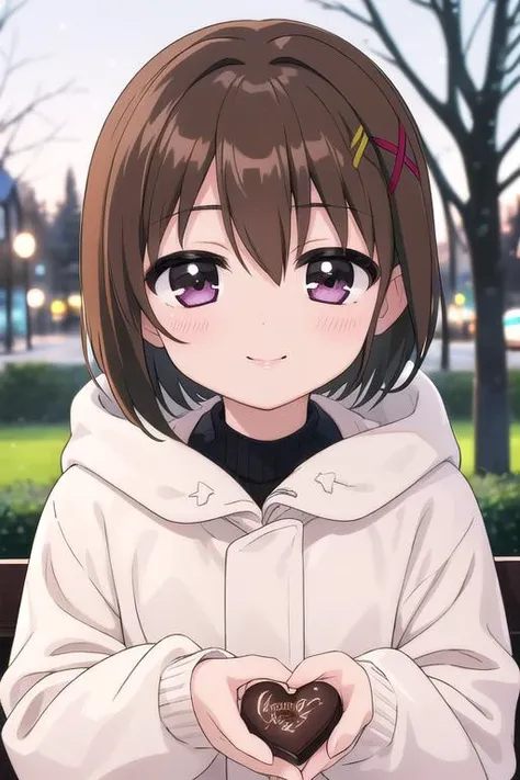 masterpiece, best quality,ultra detail,girl, <lora:nanoha-movie-2nd-yagami-hayate:0.7>yagami-hayate,13yo,blush,smile,winter outfit,presenting for viewer,heart,large chocolate,evening,park,upper body,shiny eyes