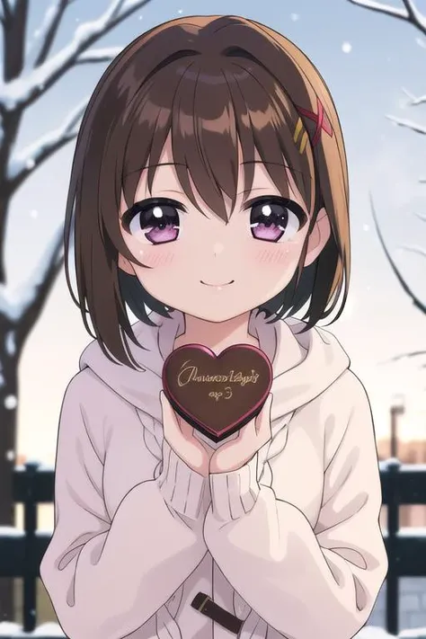 masterpiece, best quality,ultra detail,girl,  <lora:nanoha-movie-2nd-yagami-hayate:0.7>yagami-hayate,13yo,blush,smile,winter outfit,presenting for viewer,heart,large chocolate,evening,park,upper body,shiny eyes
