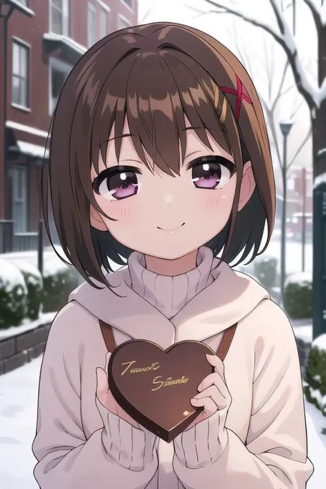 masterpiece, best quality,ultra detail,girl,  <lora:nanoha-movie-2nd-yagami-hayate:0.7>yagami-hayate,13yo,blush,smile,winter outfit,presenting for viewer,heart,large chocolate,evening,park,upper body,shiny eyes