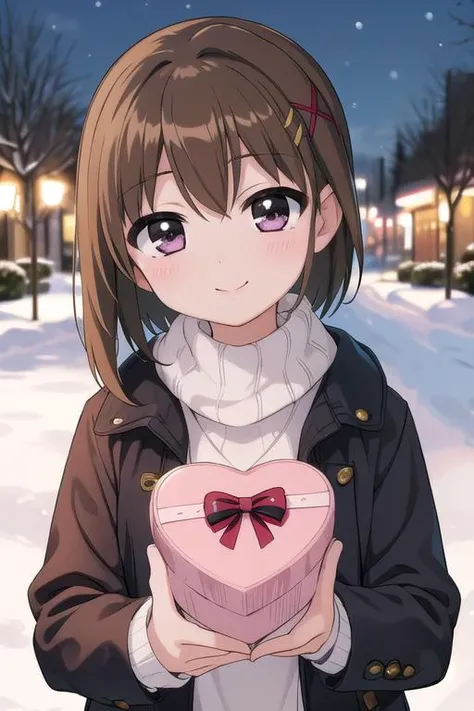 masterpiece, best quality,ultra detail,girl,  <lora:nanoha-movie-2nd-yagami-hayate:0.7>yagami-hayate,13yo,blush,smile,winter outfit,presenting for viewer,heart,chocolate,evening,park,