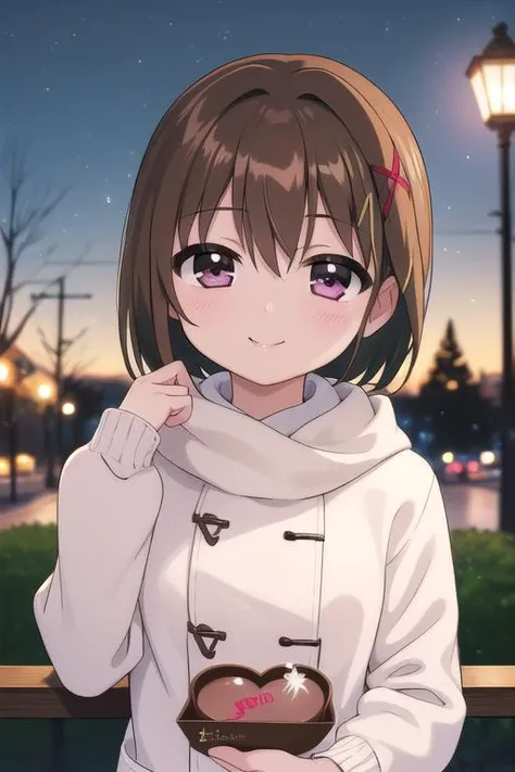 masterpiece, best quality,ultra detail,girl,  <lora:nanoha-movie-2nd-yagami-hayate:0.7>yagami-hayate,13yo,blush,smile,winter outfit,presenting for viewer,heart,large chocolate,evening,park,upper body,shiny eyes