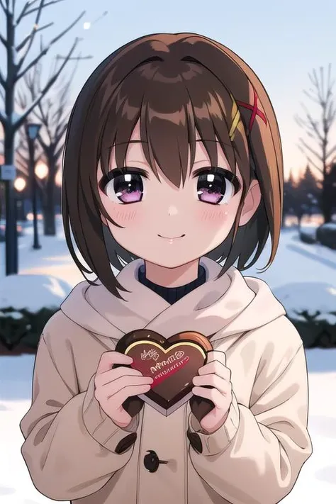 masterpiece, best quality,ultra detail,girl, <lora:nanoha-movie-2nd-yagami-hayate:0.7>yagami-hayate,13yo,blush,smile,winter outfit,presenting for viewer,heart,large chocolate,evening,park,upper body,shiny eyes