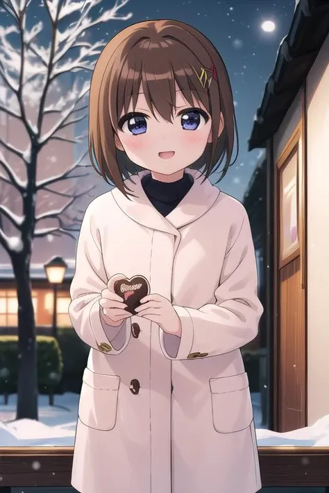 masterpiece, best quality,ultra detail,girl, <lora:nanoha-movie-2nd-yagami-hayate:0.7>yagami-hayate,13yo,blush,smile,winter outfit,presenting for viewer,heart,chocolate,evening,park,