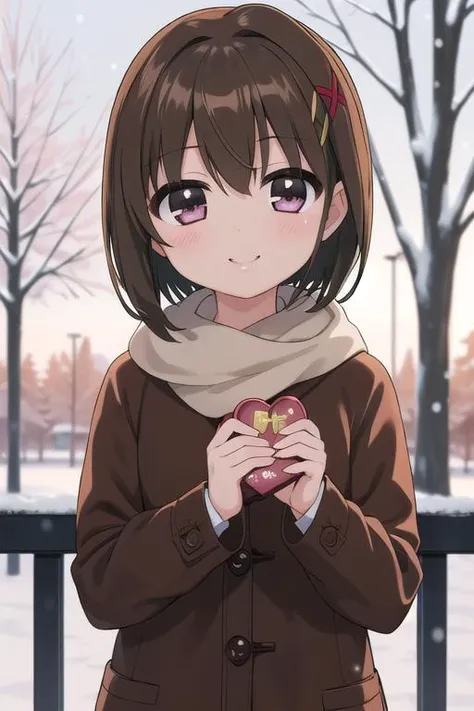 masterpiece, best quality,ultra detail,girl, <lora:nanoha-movie-2nd-yagami-hayate:0.7>yagami-hayate,13yo,blush,smile,winter outfit,presenting for viewer,heart,chocolate,evening,park,upper body,shiny eyes